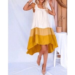 Moodie High Low Dress in White and Yellow